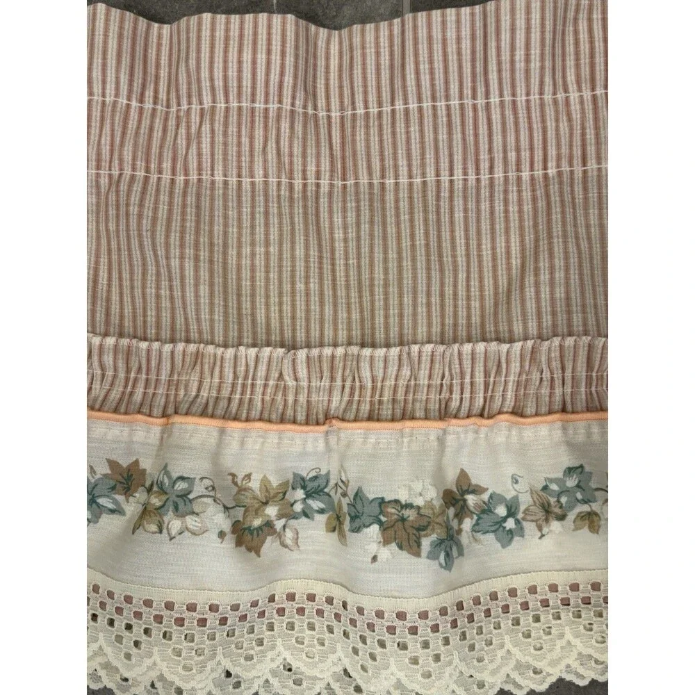 VTG 2 VALANCES Ruffled Stripes W Vines Flowers & Lace Trim Cottage Core 48 X 12
